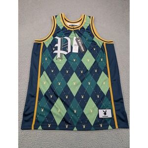 Playboy Argyle Basketball Jersey‎ Mens Medium Green Navy Blue Sleeveless New Tag